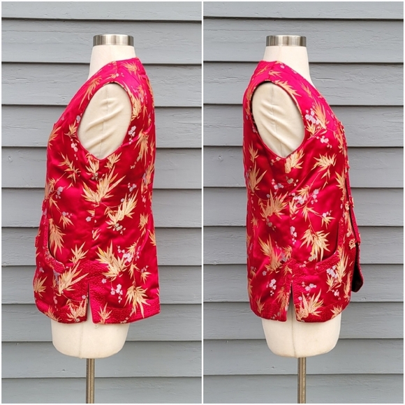 100% Silk Cheongsam Qipao Reversible Red Burgundy Floral Oriental Padded Vest Md - Picture 2 of 9